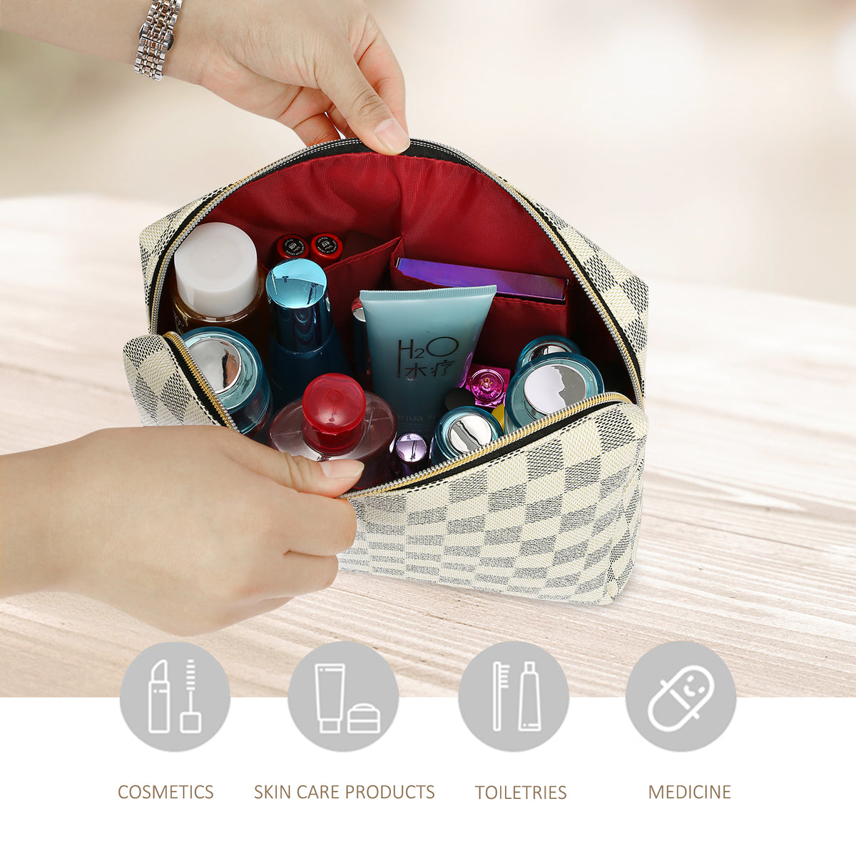 Women Cosmetic Bag Plaid Toiletries Travel Storage Bag PU Leather
