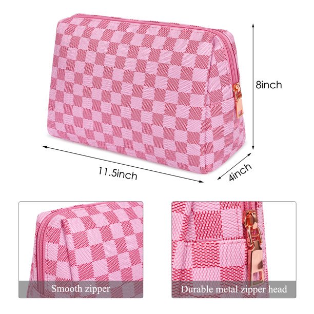 Pink Checkered Cosmetics Makeup Bag Travel Size Container Toiletry Bag for  Women