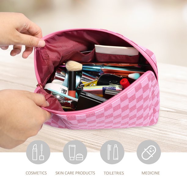 Avamo Women Makeup Storage Bag,Checkered Cosmetic Pouch,PU Vegan Leather  Travel Toiletry Organizer 